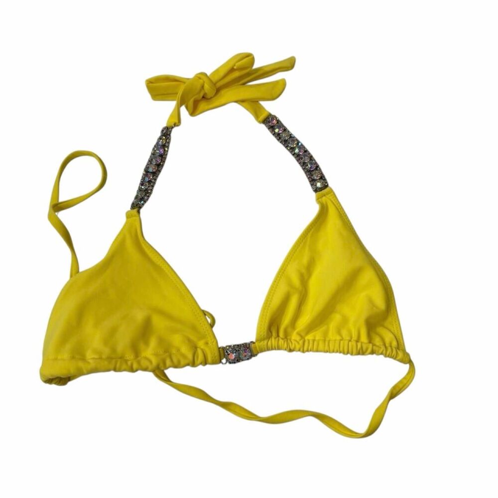 Yellow bikini top with rhinestone embellishments